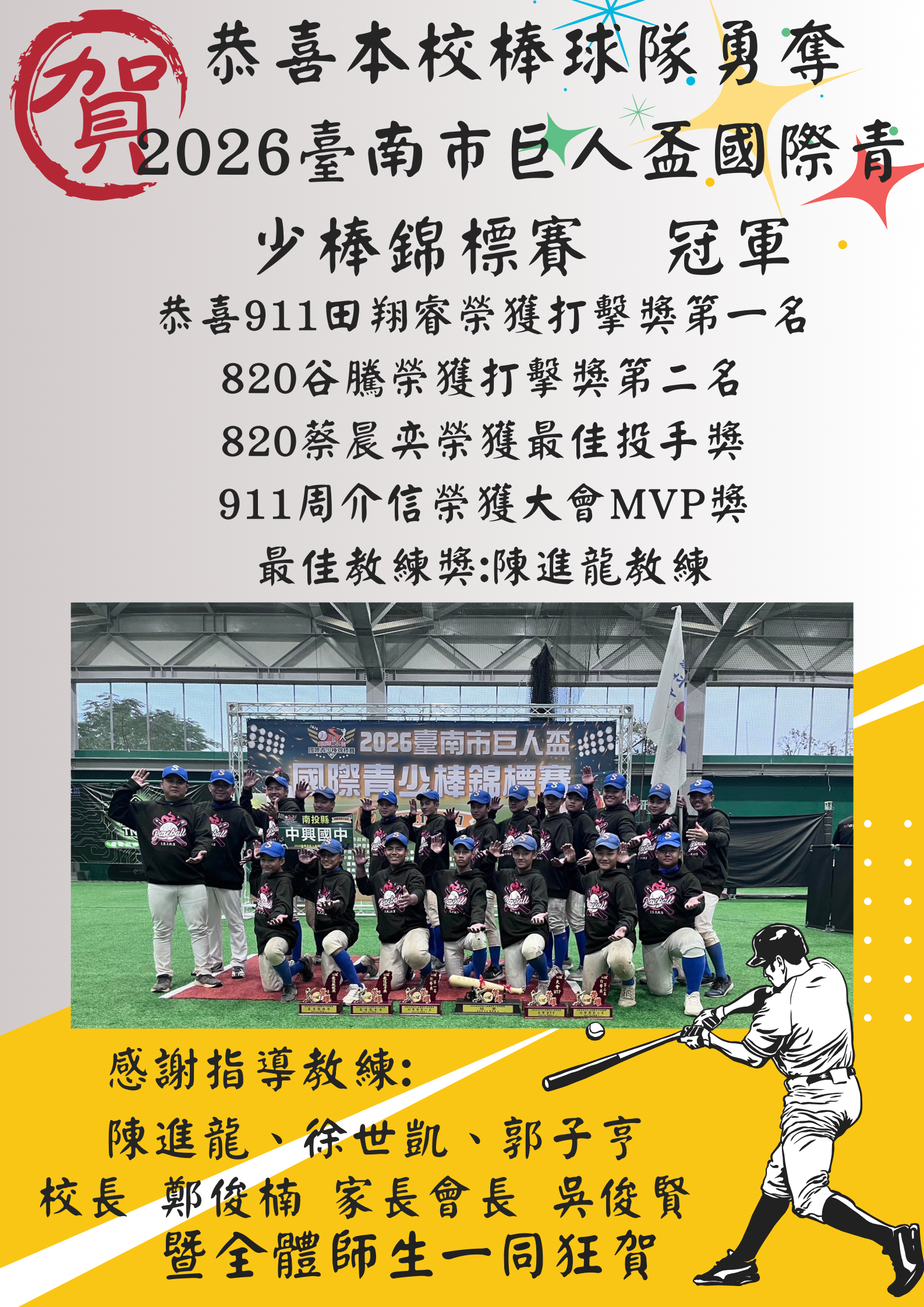 2026臺南市巨人盃國際青少棒錦標賽冠軍